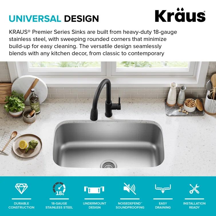 KRAUS Premier Undermount Single Bowl 18-Gauge Stainless Steel Kitchen Sink