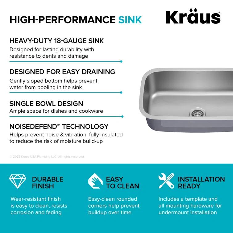 KRAUS Premier Undermount Single Bowl 18-Gauge Stainless Steel Kitchen Sink
