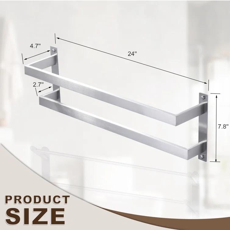 2-Tier Stainless Steel Wall Mounted Square Towel Rack With Concealed Mounting Hardware Staggered Two Rod Towel Rack
