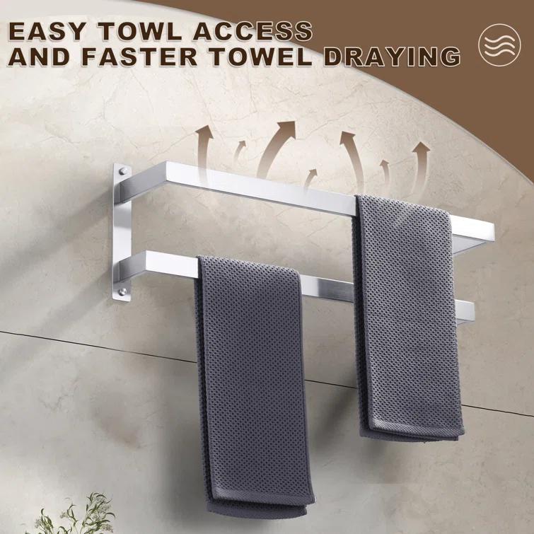 2-Tier Stainless Steel Wall Mounted Square Towel Rack With Concealed Mounting Hardware Staggered Two Rod Towel Rack