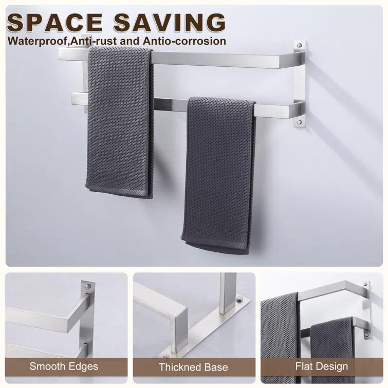 2-Tier Stainless Steel Wall Mounted Square Towel Rack With Concealed Mounting Hardware Staggered Two Rod Towel Rack