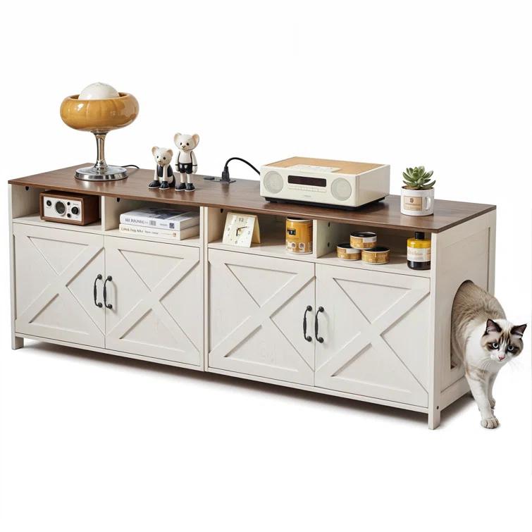 63"W TV Stand Furniture & Hidden Litter Box Enclosure & Double Litter Box For 2 Cats, Farmhouse Inclosed Litter Boxes For Cats with Outlet Power