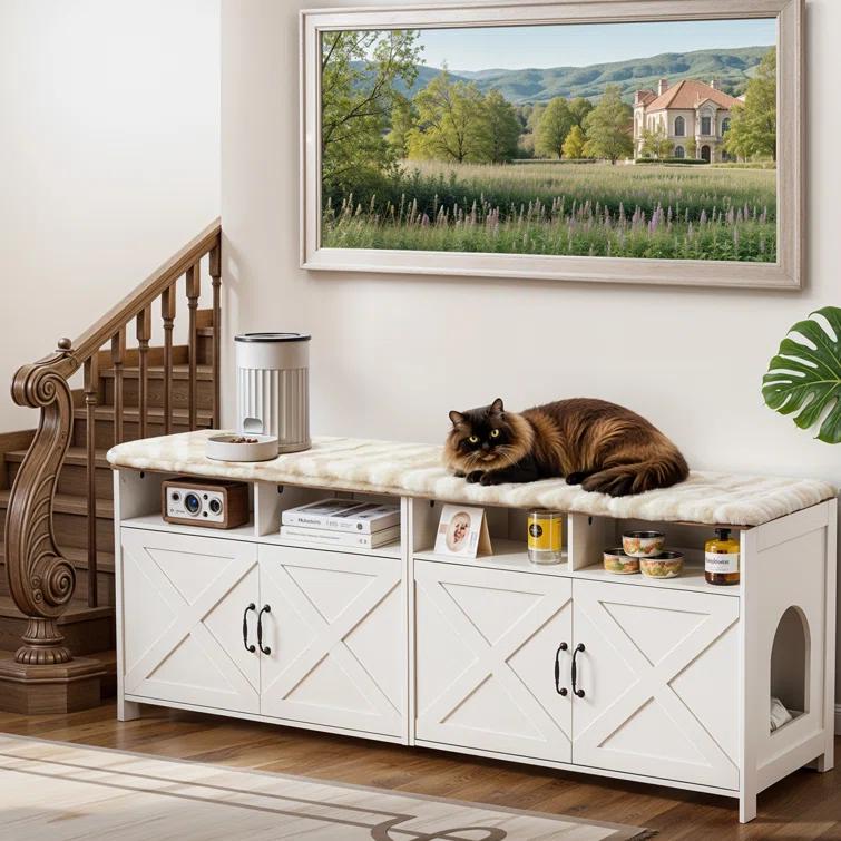 63"W TV Stand Furniture & Hidden Litter Box Enclosure & Double Litter Box For 2 Cats, Farmhouse Inclosed Litter Boxes For Cats with Outlet Power