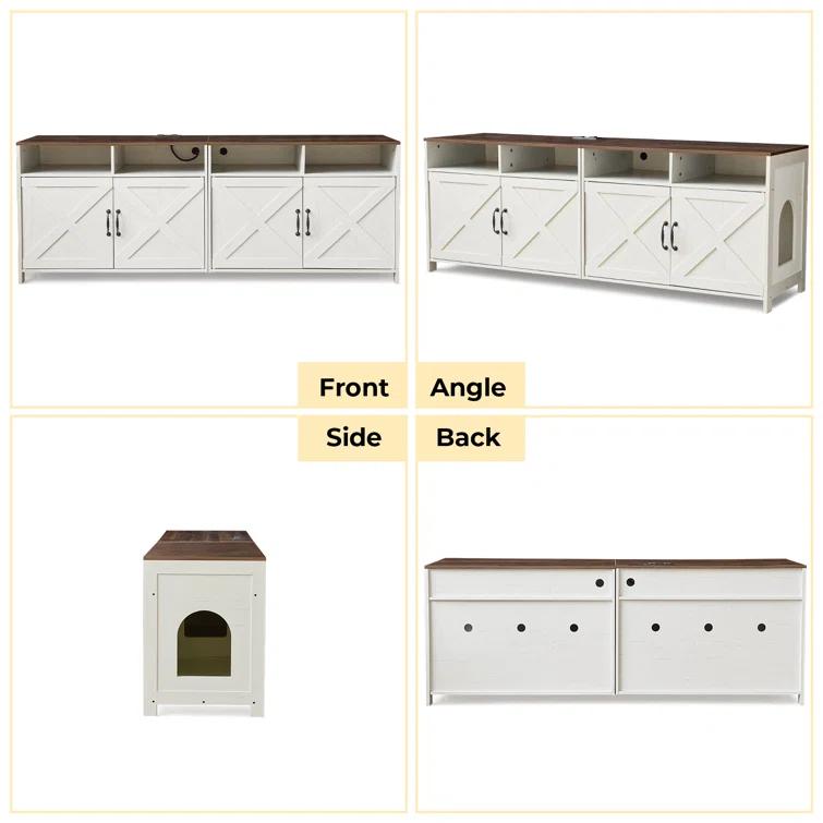 63"W TV Stand Furniture & Hidden Litter Box Enclosure & Double Litter Box For 2 Cats, Farmhouse Inclosed Litter Boxes For Cats with Outlet Power