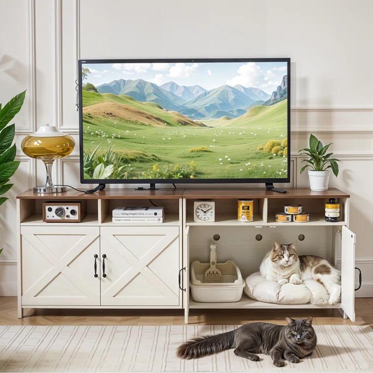 63"W TV Stand Furniture & Hidden Litter Box Enclosure & Double Litter Box For 2 Cats, Farmhouse Inclosed Litter Boxes For Cats with Outlet Power