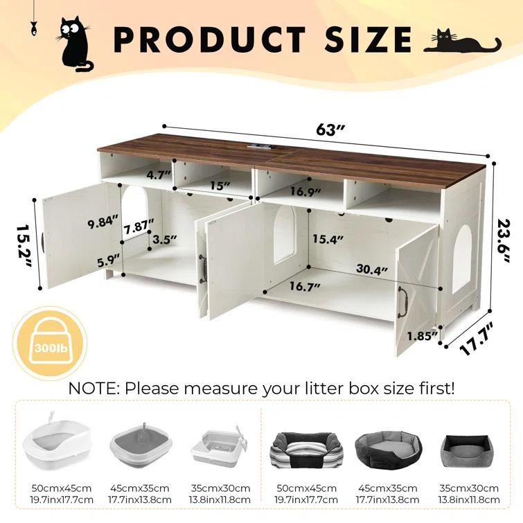 63"W TV Stand Furniture & Hidden Litter Box Enclosure & Double Litter Box For 2 Cats, Farmhouse Inclosed Litter Boxes For Cats with Outlet Power