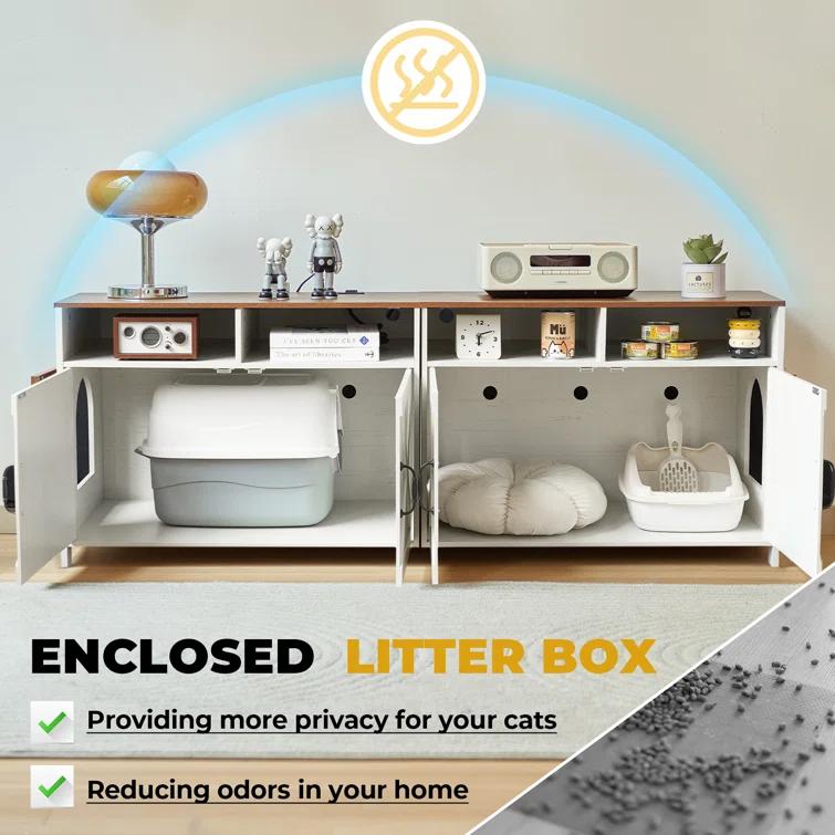 63"W TV Stand Furniture & Hidden Litter Box Enclosure & Double Litter Box For 2 Cats, Farmhouse Inclosed Litter Boxes For Cats with Outlet Power