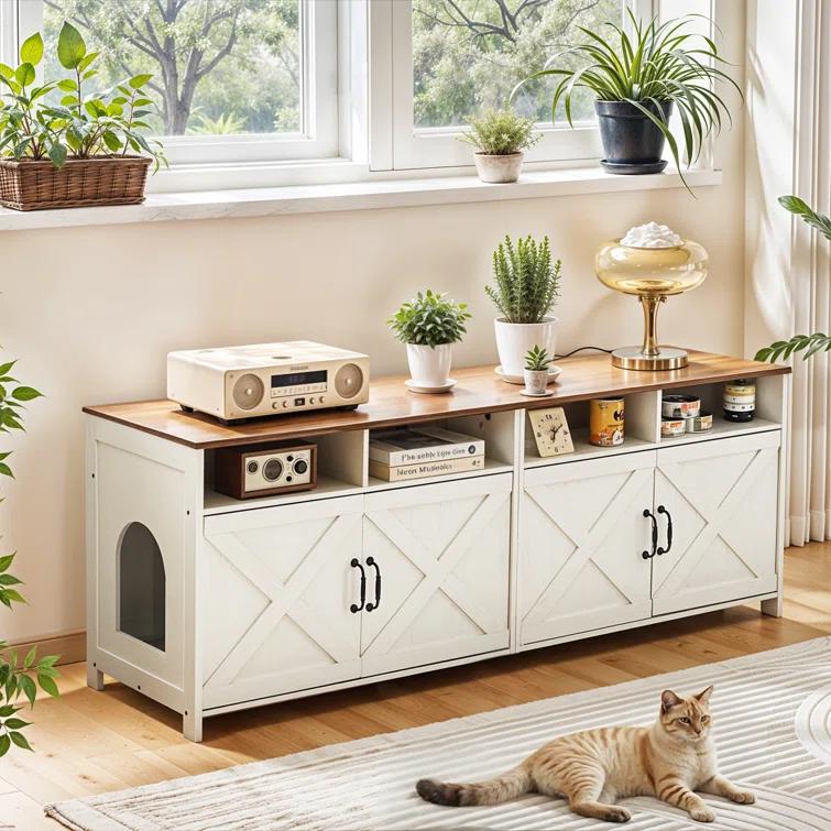 63"W TV Stand Furniture & Hidden Litter Box Enclosure & Double Litter Box For 2 Cats, Farmhouse Inclosed Litter Boxes For Cats with Outlet Power