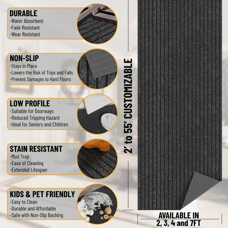 Custom Cut Non-Slip Rubberback Scrape Indoor/Outdoor Extra Long Runner Rugs for Hallway, Kitchen, Living Room, Garage, and Patio