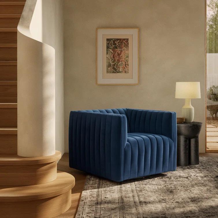 Sapphire Navy Swivel Glove Chair in Luxurious Leather and Wood