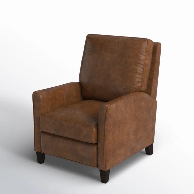 Handcrafted Brown Leather Recliner with Dark Wood Finish