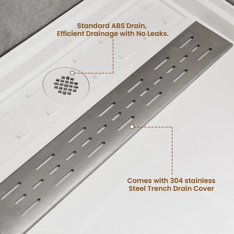 CASAINC 60"W 30/32"D Single Threshold SMC Shower Base Anti-Slip Shower Pan with Drain Assembly & Drain Cover CABR2501WH6030L