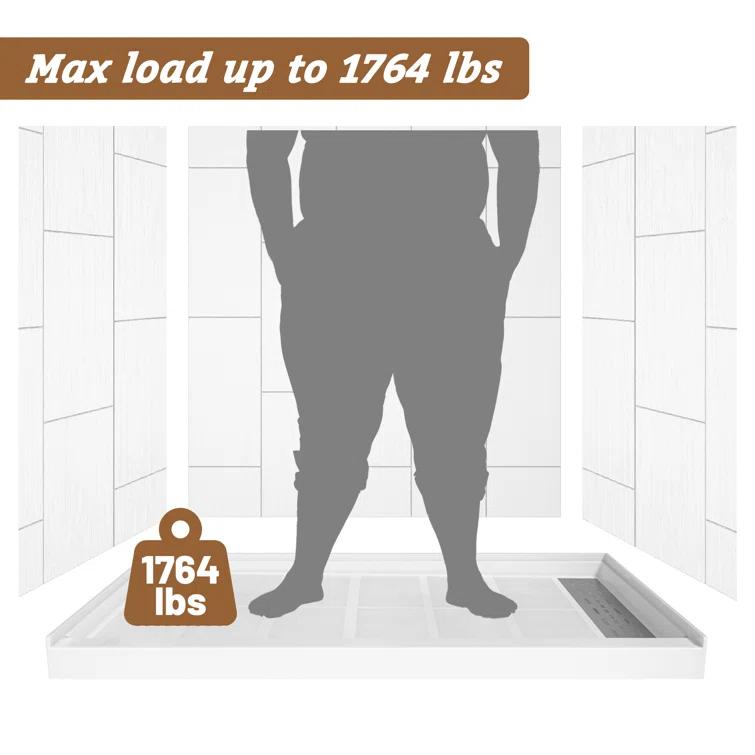 CASAINC 60"W 30/32"D Single Threshold SMC Shower Base Anti-Slip Shower Pan with Drain Assembly & Drain Cover CABR2501WH6030R