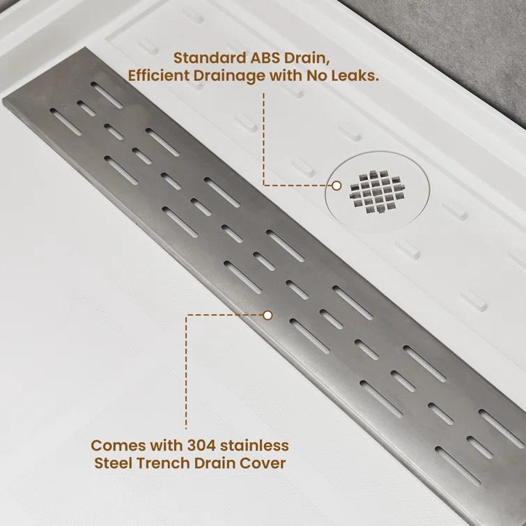 CASAINC 60"W 30/32"D Single Threshold SMC Shower Base Anti-Slip Shower Pan with Drain Assembly & Drain Cover CABR2501WH6030R