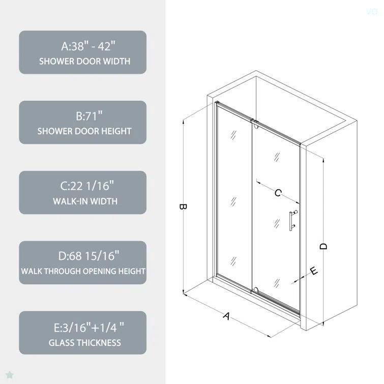 38-42" W x 71" H Flush Glass Shower Door Reversible Installation