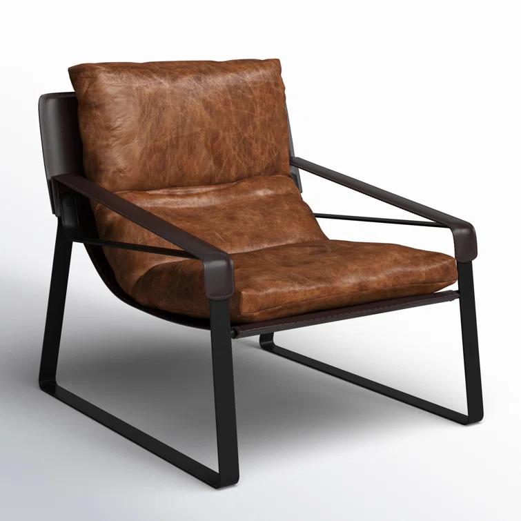 Cappuccino Genuine Leather Accent Chair with Metal Frame