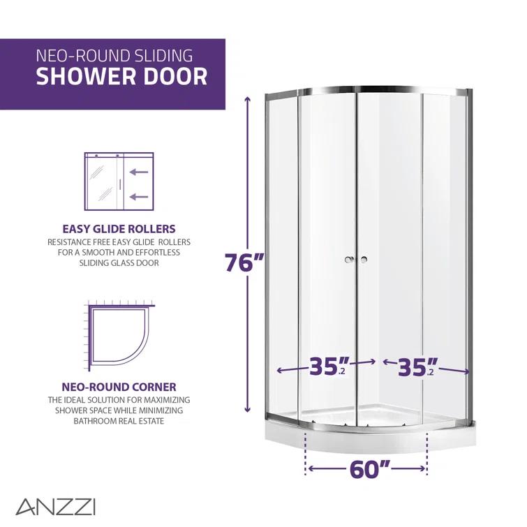 ANZZI Mare Series 35.2'' W 76'' H Framed Round Reversible Shower Enclosure SD-AZ050-01CH