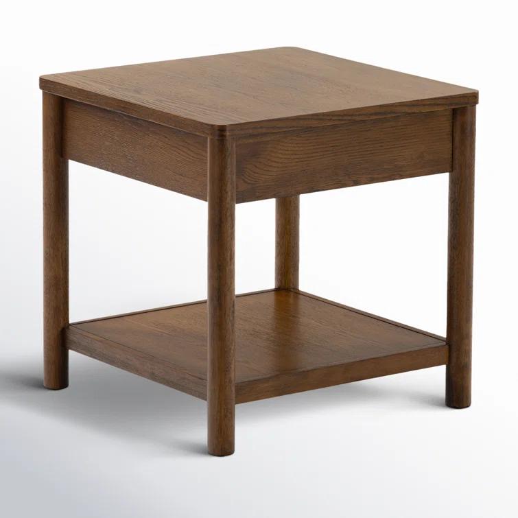 Medium Oak Wood and Metal End Table with Storage Drawer