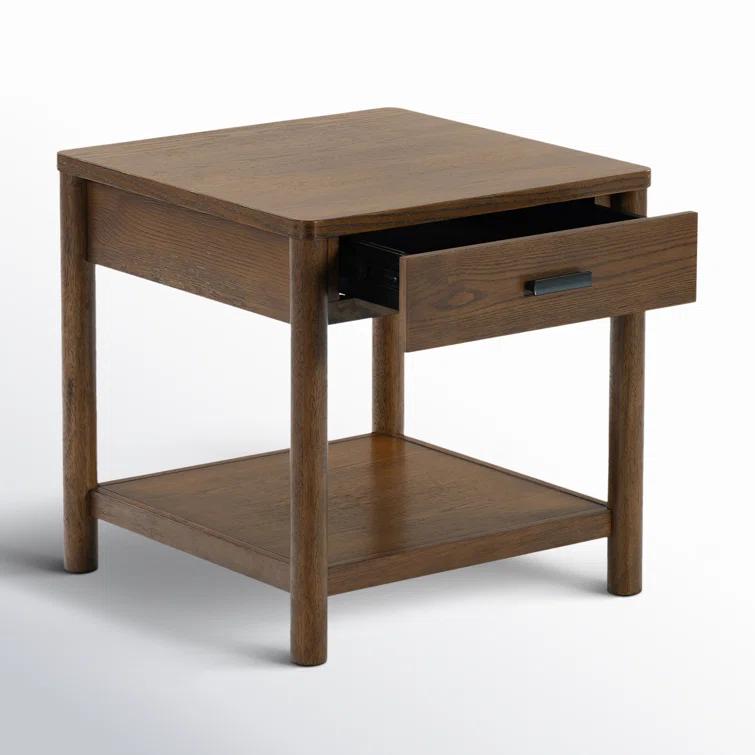 Medium Oak Wood and Metal End Table with Storage Drawer