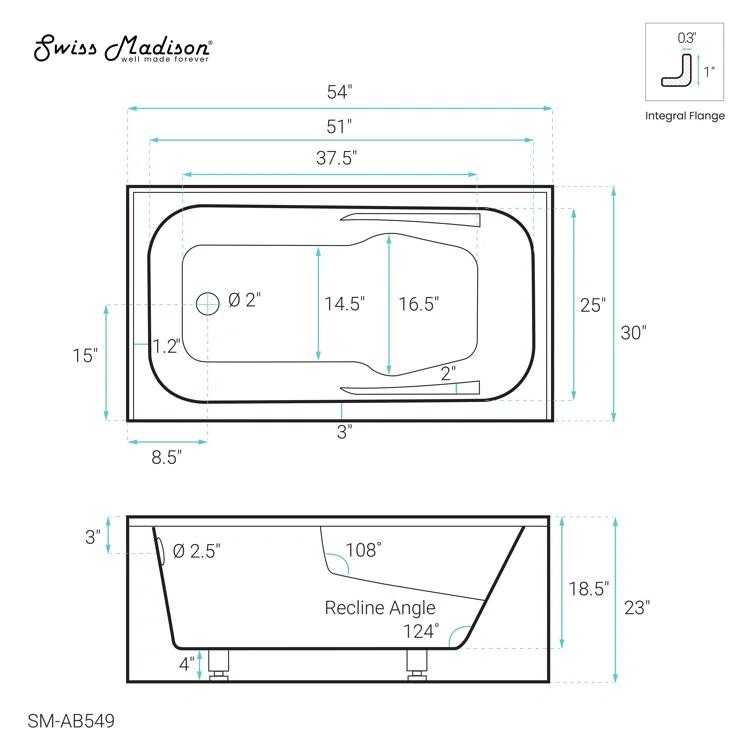 Voltaire 54" x 30" Alcove Bathtub with Apron