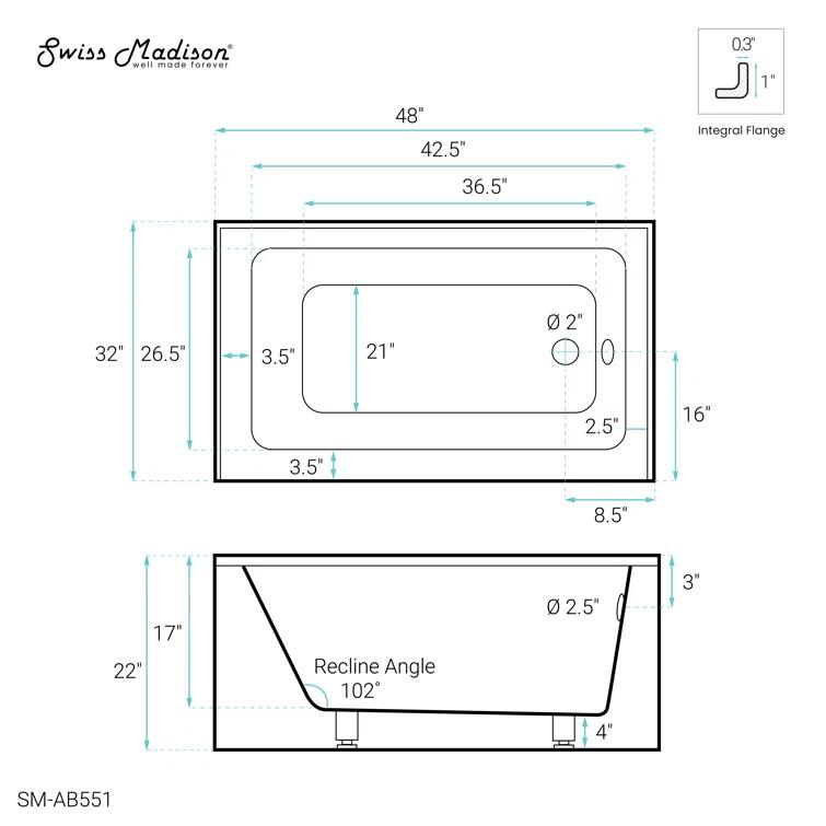 Voltaire 48" x 32" Alcove Bathtub with Apron