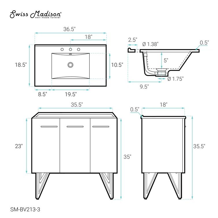 Annecy 36 In. White Bathroom Vanity With 3-Hole Ceramic Sink Top