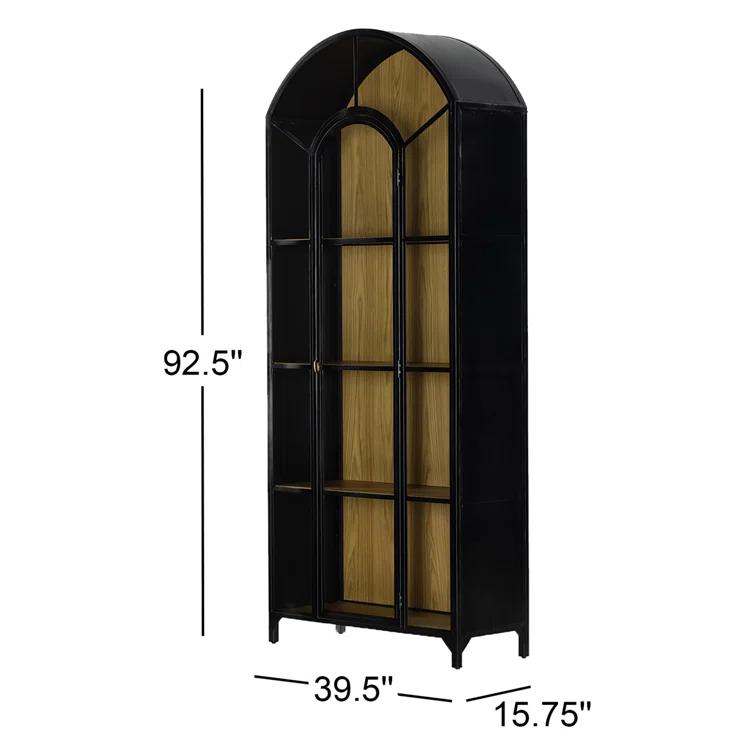 Tall Black Iron and Oak Arched Bookcase Cabinet