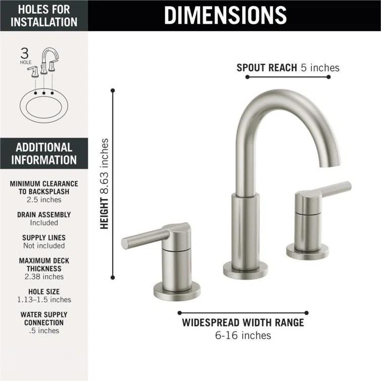 Nicoli Widespread Bathroom Faucet 3 Hole, 2-handle Bathroom Sink Faucet with Drain Assembly