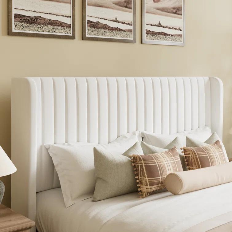 Candler Velvet Upholstered Platform Bed with Wingback Headboard and Wooden Slats