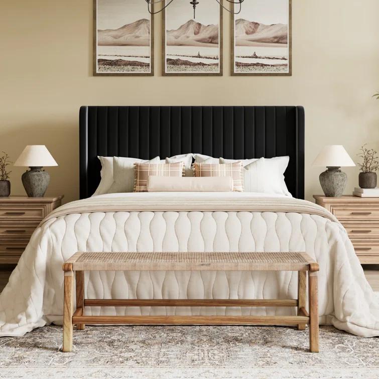 Candler Velvet Upholstered Platform Bed with Wingback Headboard and Wooden Slats