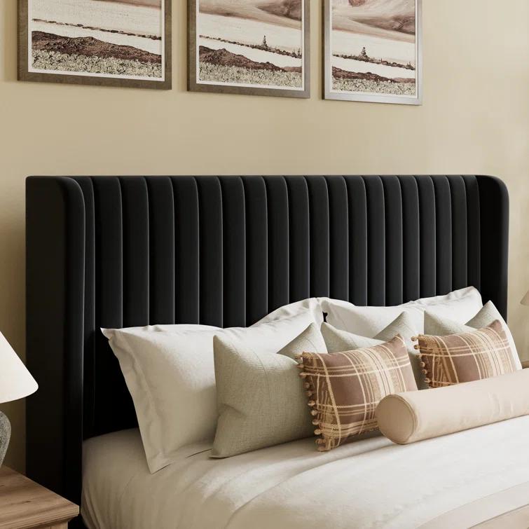 Candler Velvet Upholstered Platform Bed with Wingback Headboard and Wooden Slats