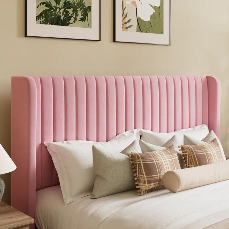 Candler Velvet Upholstered Platform Bed with Wingback Headboard and Wooden Slats