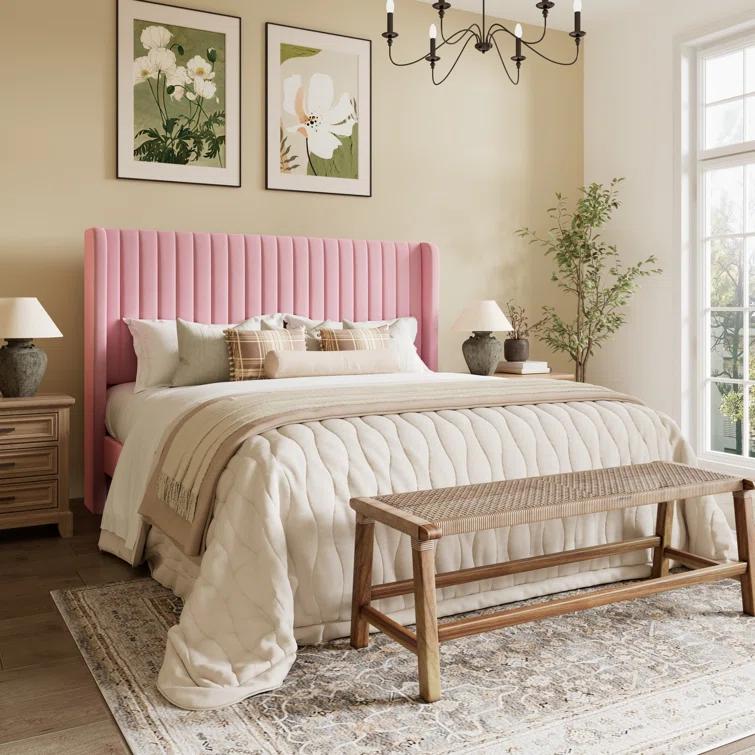 Candler Velvet Upholstered Platform Bed with Wingback Headboard and Wooden Slats