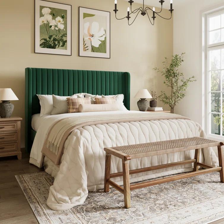 Candler Velvet Upholstered Platform Bed with Wingback Headboard and Wooden Slats