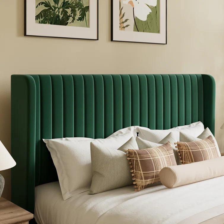Candler Velvet Upholstered Platform Bed with Wingback Headboard and Wooden Slats