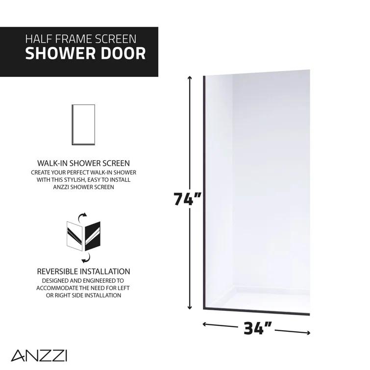 Veil Series 34” W x 74” H Frameless Glass Fixed Shower Screen Shower Door