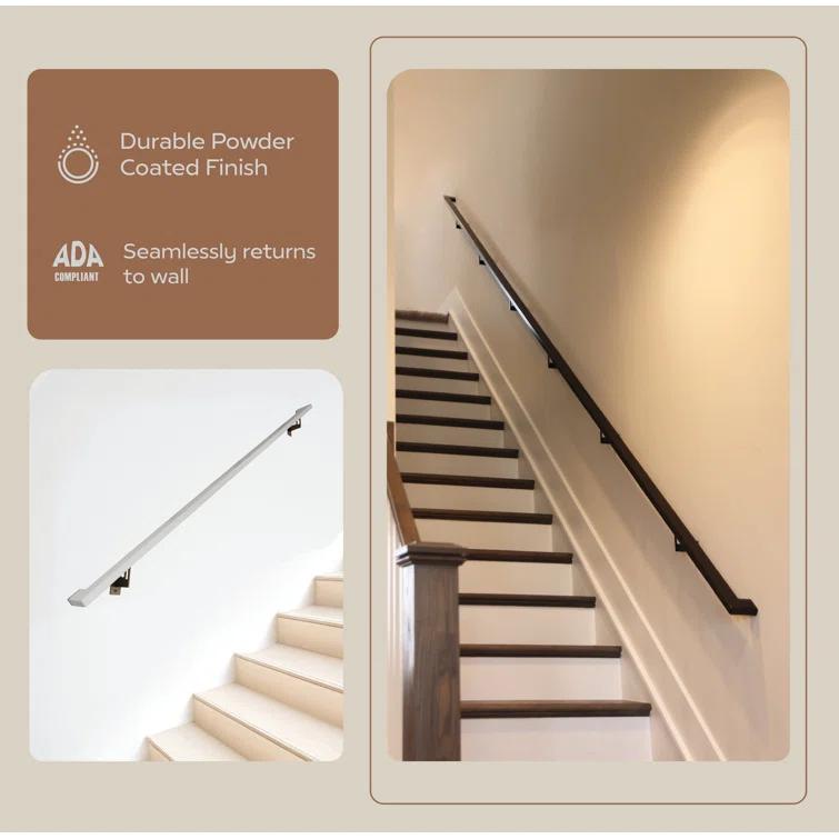 Modern Aluminum Handrail Grab Bar Kit, Adjustable Steel Brackets, Returns to Wall, Powder Coat