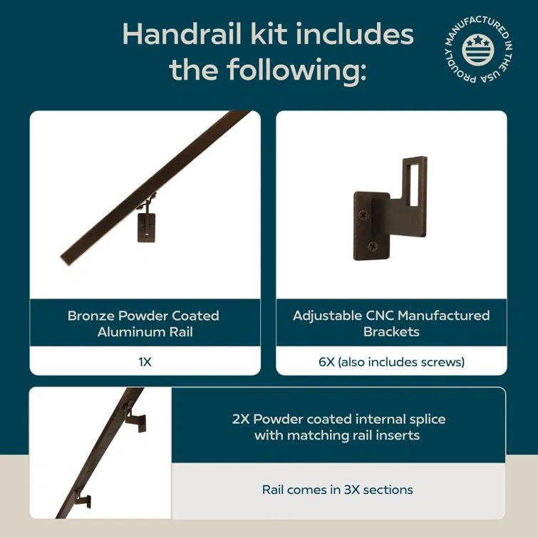 Modern Aluminum Handrail Grab Bar Kit, Adjustable Steel Brackets, Returns to Wall, Powder Coat