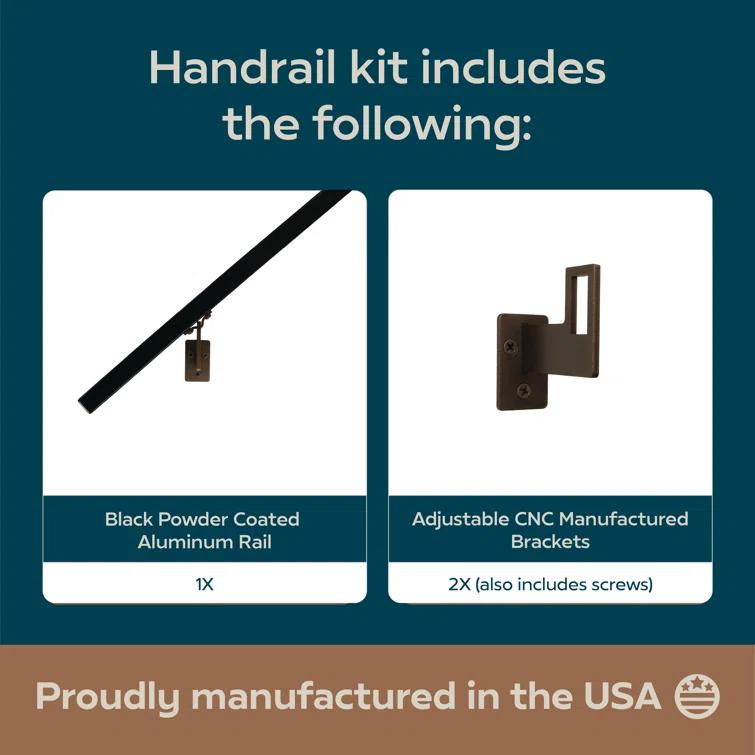Modern Aluminum Handrail Grab Bar Kit, Adjustable Steel Brackets, Returns to Wall, Powder Coat