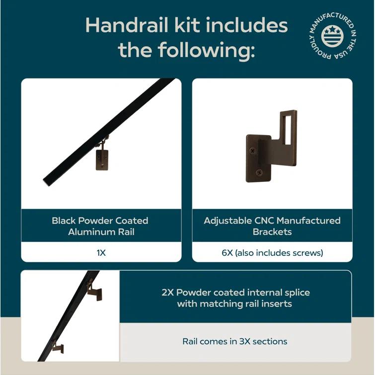 Modern Aluminum Handrail Grab Bar Kit, Adjustable Steel Brackets, Returns to Wall, Powder Coat