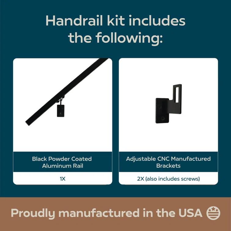 Modern Aluminum Handrail Grab Bar Kit, Adjustable Steel Brackets, Returns to Wall, Powder Coat