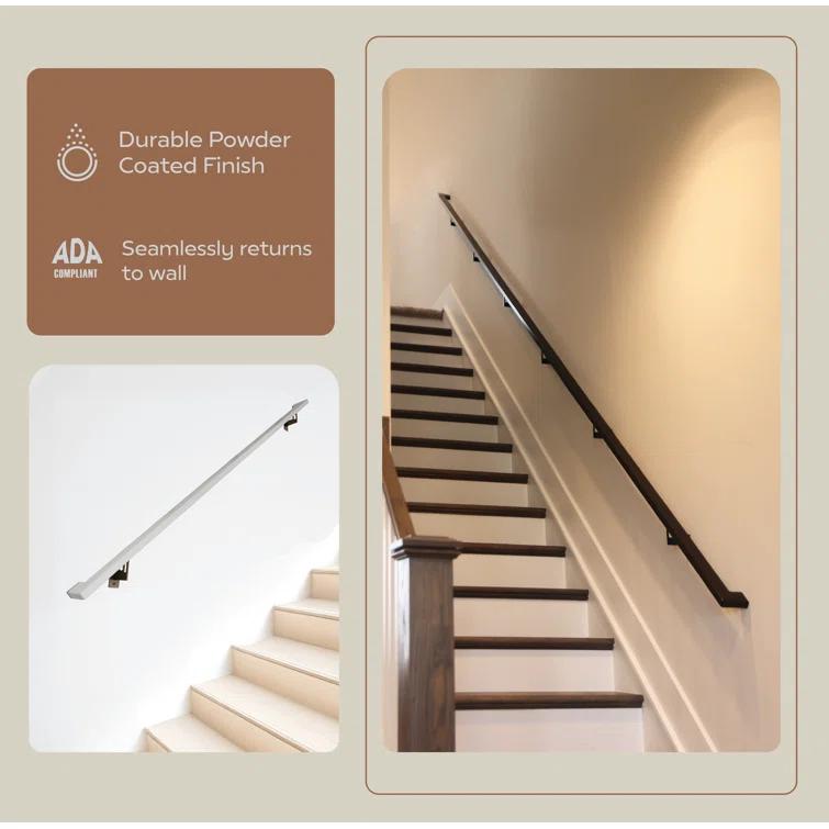 Modern Aluminum Handrail Grab Bar Kit, Adjustable Steel Brackets, Returns to Wall, Powder Coat