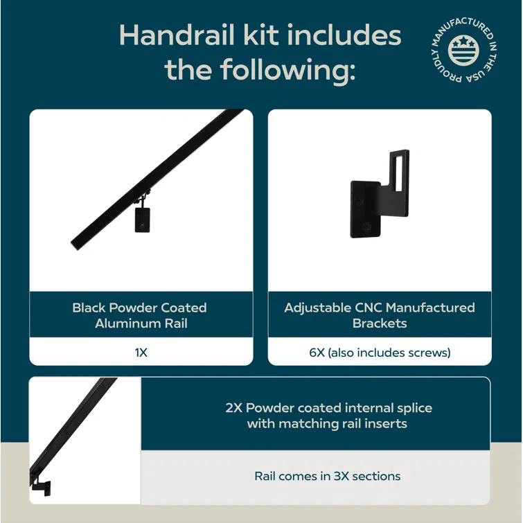 Modern Aluminum Handrail Grab Bar Kit, Adjustable Steel Brackets, Returns to Wall, Powder Coat