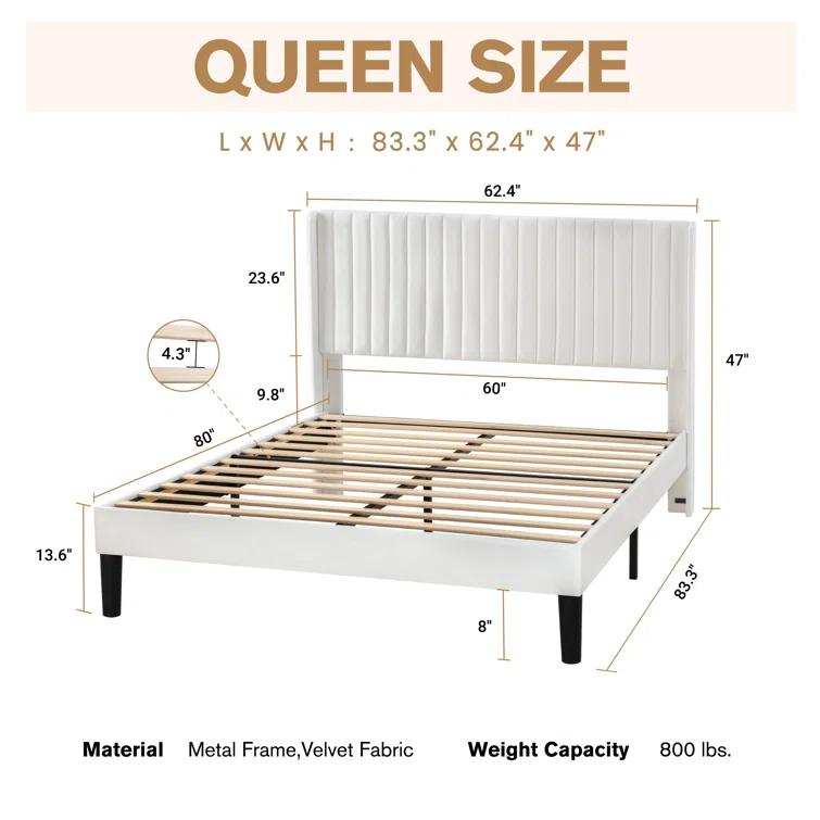 Candler Velvet Upholstered Platform Bed with Wingback Headboard and Wooden Slats