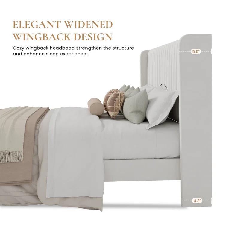 Candler Velvet Upholstered Platform Bed with Wingback Headboard and Wooden Slats