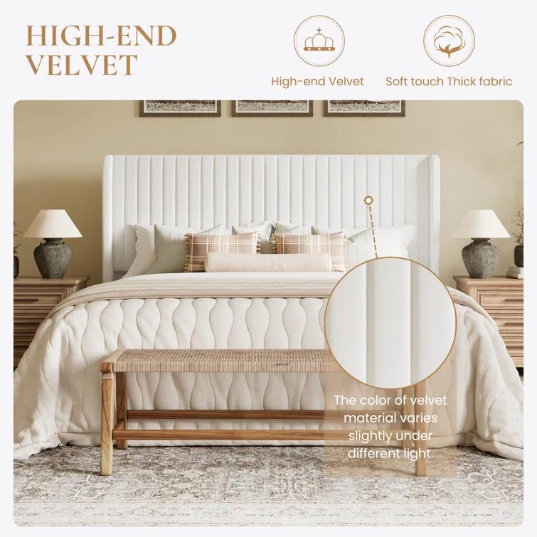 Candler Velvet Upholstered Platform Bed with Wingback Headboard and Wooden Slats