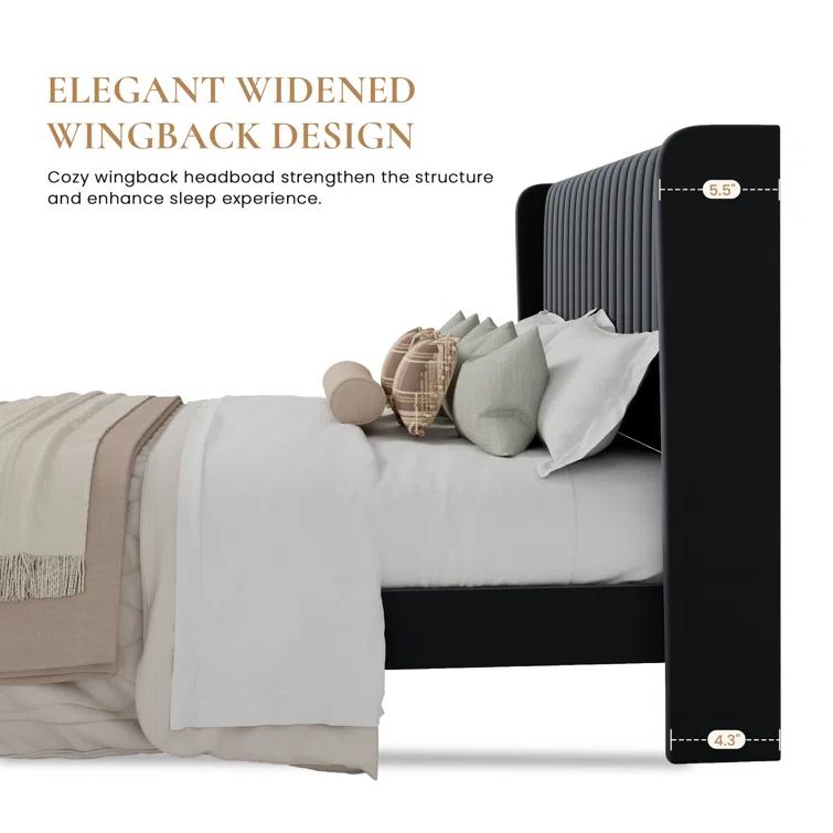 Candler Velvet Upholstered Platform Bed with Wingback Headboard and Wooden Slats