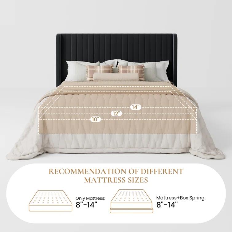 Candler Velvet Upholstered Platform Bed with Wingback Headboard and Wooden Slats