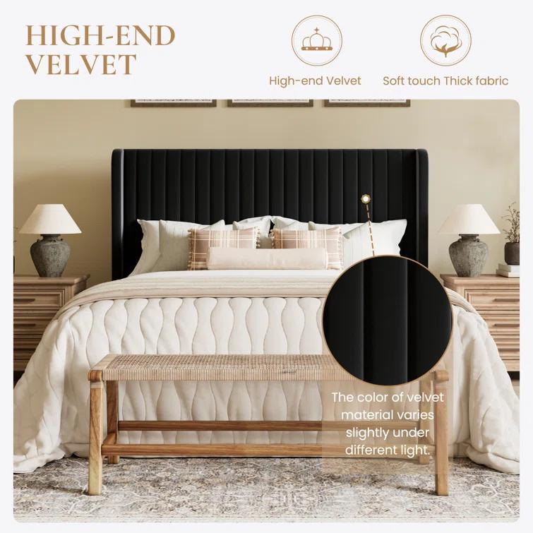 Candler Velvet Upholstered Platform Bed with Wingback Headboard and Wooden Slats