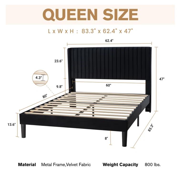 Candler Velvet Upholstered Platform Bed with Wingback Headboard and Wooden Slats